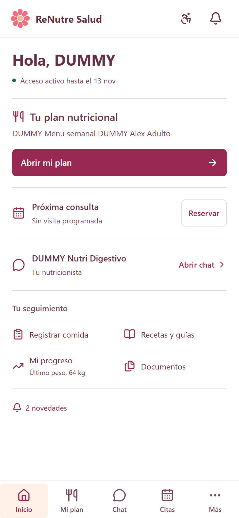 Inicio real de ReNutre en el móvil: plan nutricional, próxima consulta, chat y seguimiento.